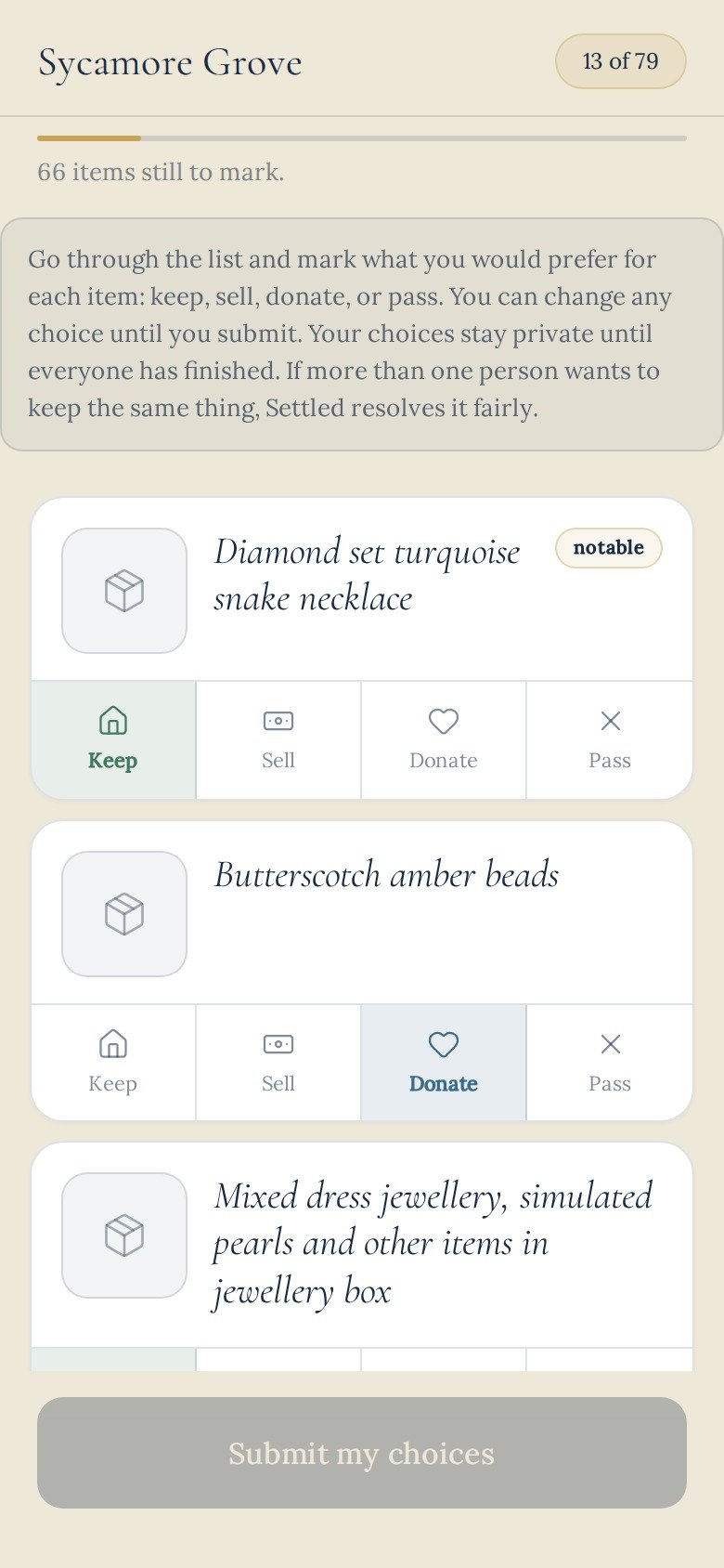 What a family member sees: the list of belongings, one at a time, with keep, sell, donate or pass under each